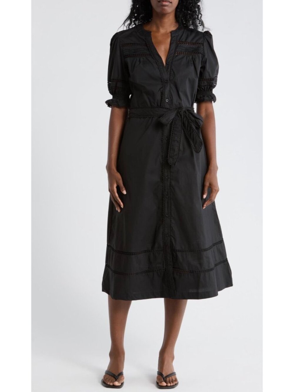 Ellen Tracy Rickrack Trim Puff Sleeve Black Cotton Poplin Dress size M